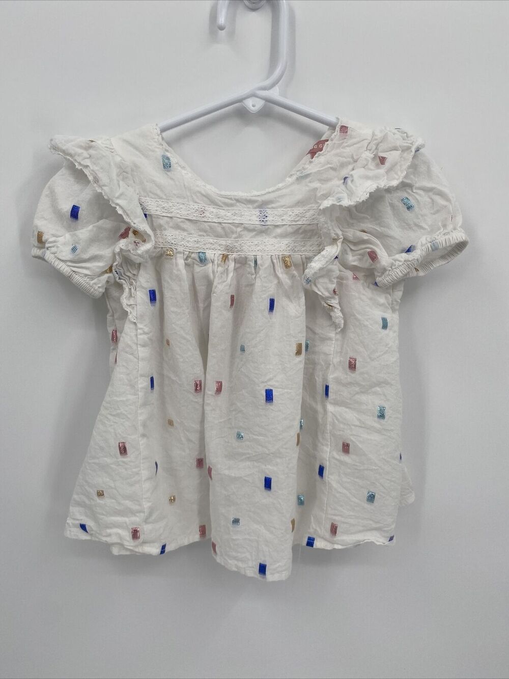 BCBG Girls Polka Dots Round Neck Short Sleeve Ruffle Trim Blouse White Size 2T